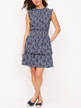 Boden Ruffle Jersey Mini Dress Blue Cotton Modal 8 Tiered Sleeveless Coastal